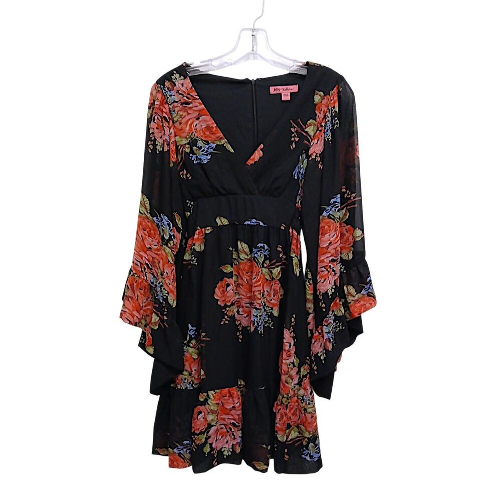 Betsy Johnson Floral Mini Dress Sz 4 Black Pink Babydoll Bell Sleeves Whimsigoth - Picture 7 of 16